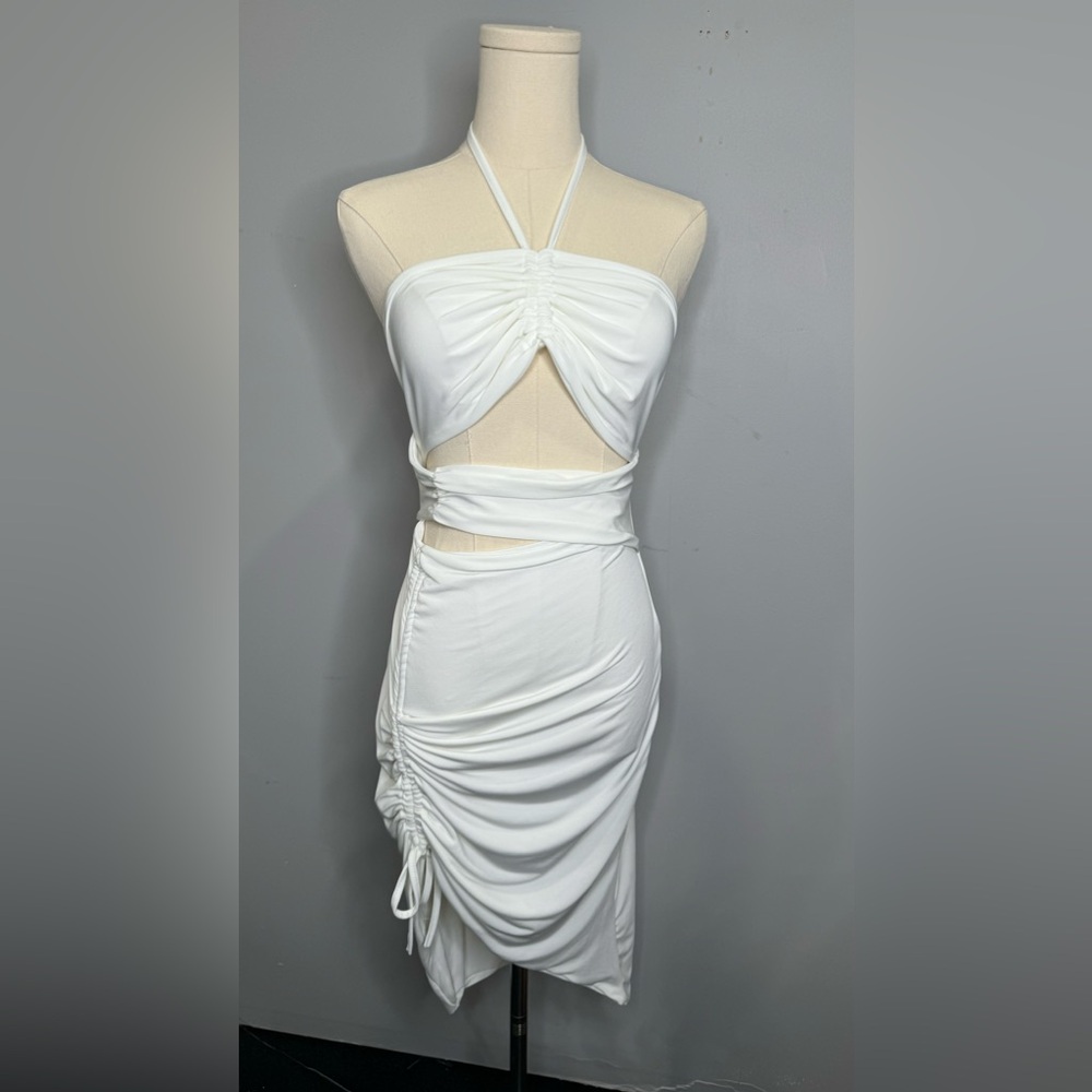 White Ruched Cut Out Halterneck Midi Dress | US Size 8